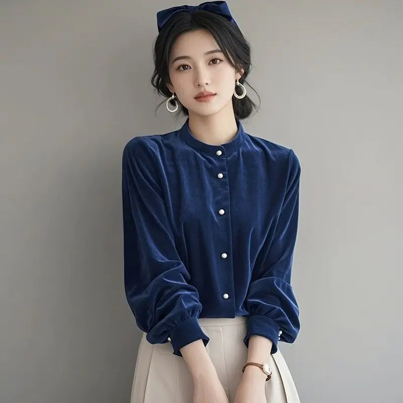 Top Terciopelo Mujer Temperamento - Top Diseño Francés Manga Larga 2025