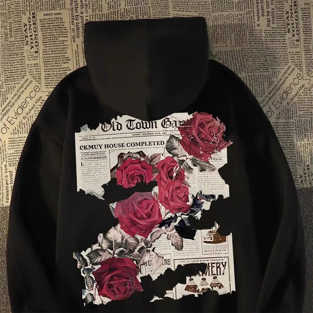 Sudadera Hombre Graphic Rose - Hoodie Algodón Retro Americana Streetwear