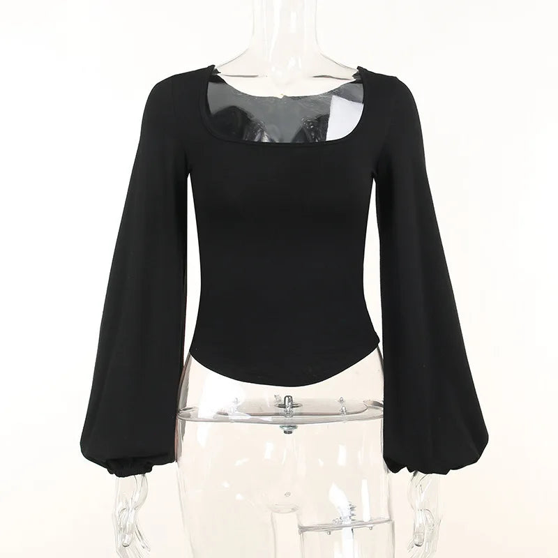 Blusa Negra Mujer Elegante - Top Manga Farol Cuello Cuadrado 2024